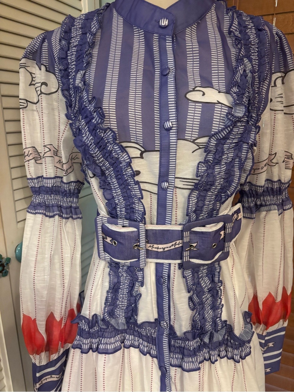 Bohemian Tiered Maxi Dress with Belt - White and Blue with Red Accents - Picture 2 of 9